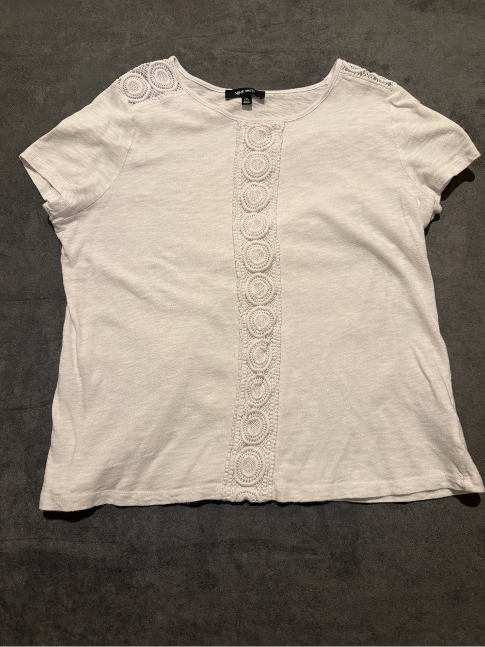 Nine West White Short Sleeve Crochet-Front Top
